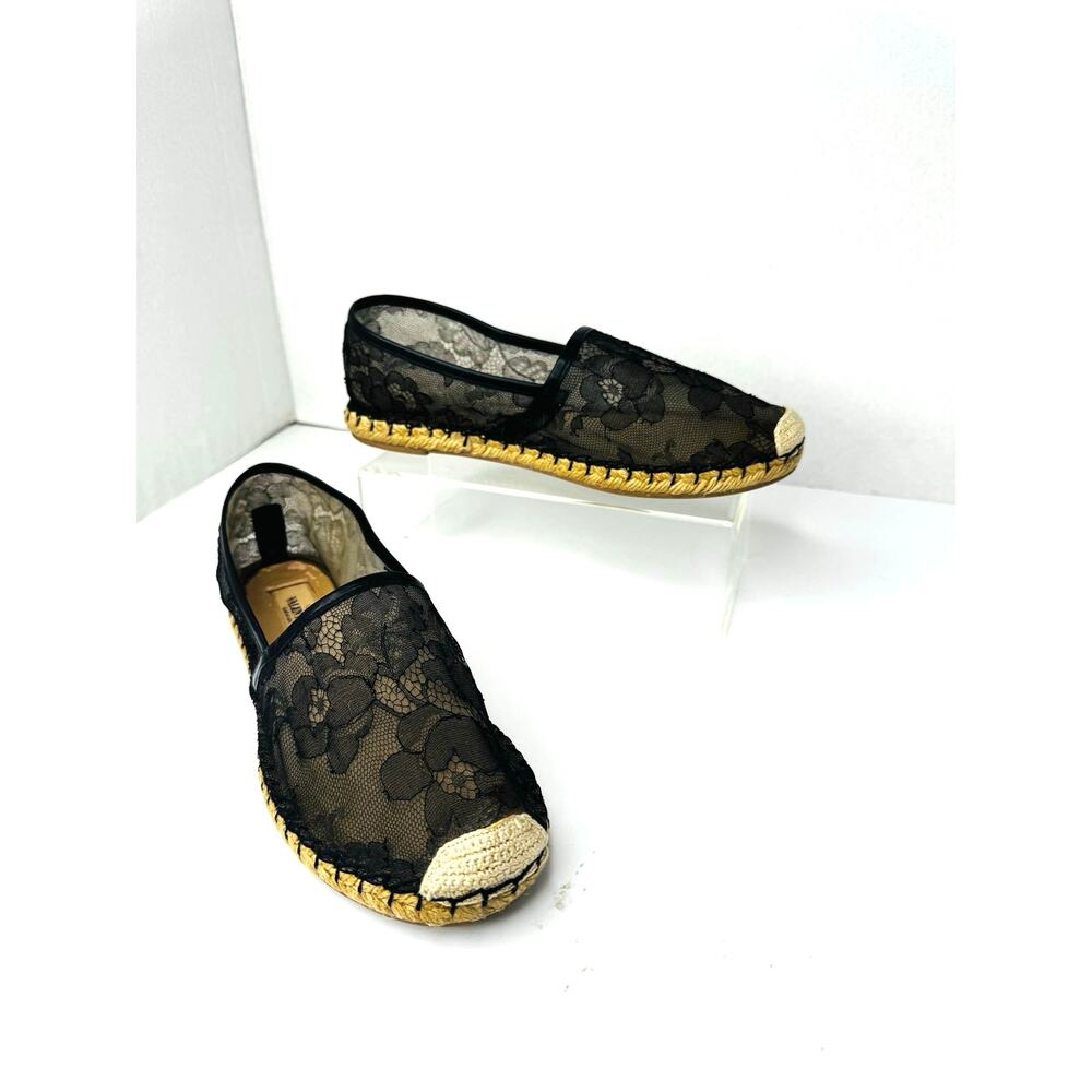 Valentino Black Lace Leather Espadrille Flats Slip On Shoes size EU 37 US 7 - Picture 8 of 9